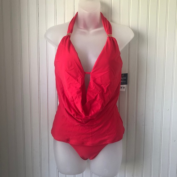 BAR III Retail $98 Paradise Red Plunging Cowlneck Tankini Hipsters XSmall - Picture 1 of 7